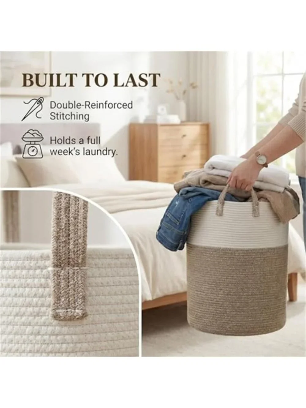 New 60L Cotton Rope Laundry Basket Hamper, Brown